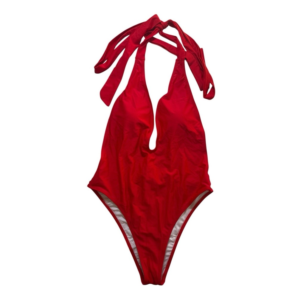 Unbranded‎ One Piece Swimsuit Women Medium Red Excellent Halter Deep V High Cut